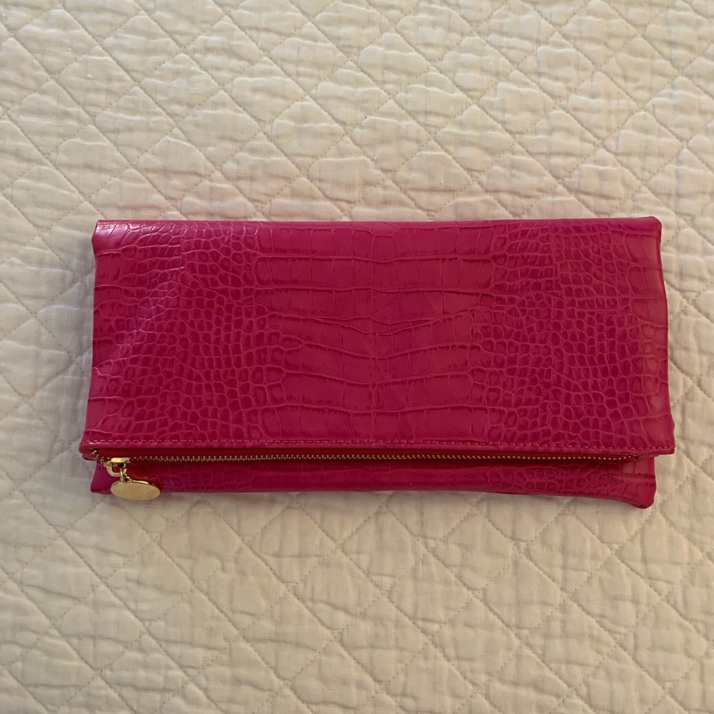 faux hot pink crocodile clutch